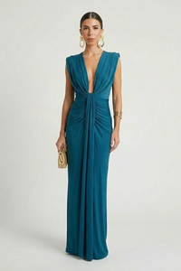 Women's Pleated Maxi Evening Dress with Deep V-Neck