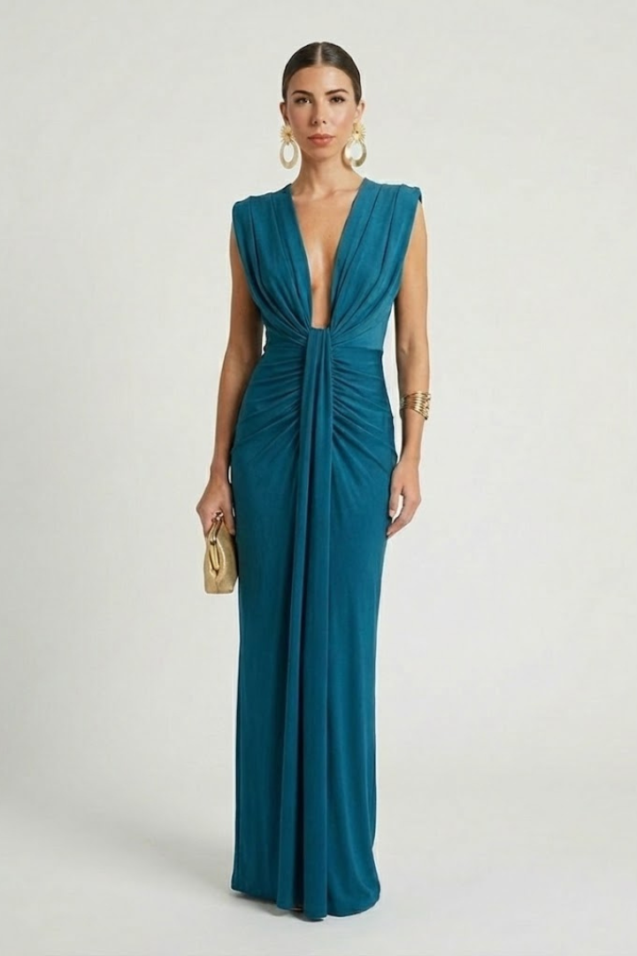 Women's blue pleated maxi evening dress with deep V-neck