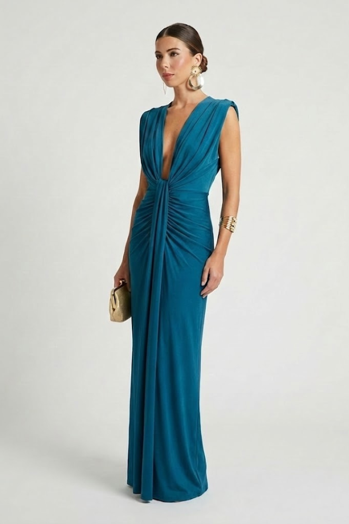 Women's blue pleated maxi evening dress with deep V-neck