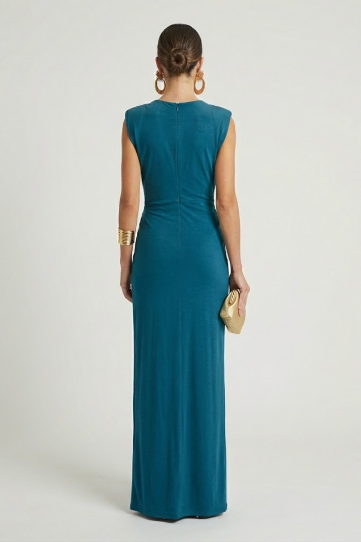 Women's purple pleated maxi evening dress with deep V-neck