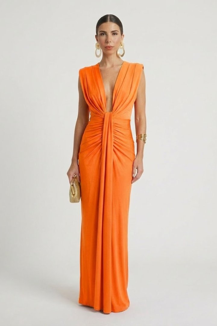 Women's orange pleated maxi evening dress with deep V-neck