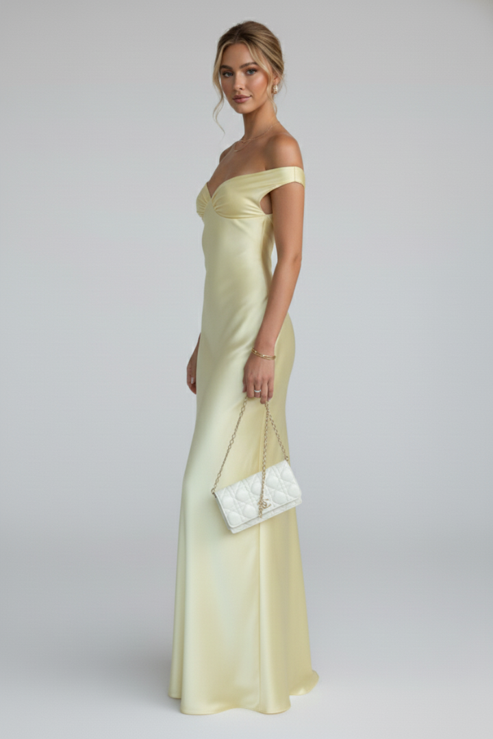 Women's yellow off-shoulder maxi dress with folded Bardot neckline