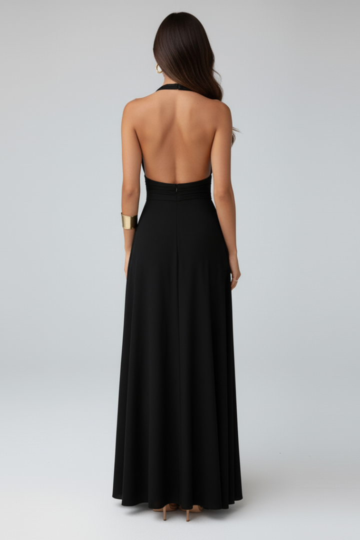 Women's white tie neck maxi dress with side split