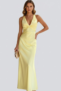 Women's Plunge Neck Evening Maxi Dress with Fitted Waist