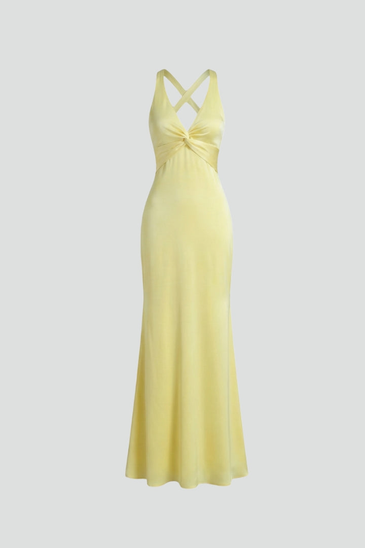 Women's yellow plunge neck evening maxi dress with fitted waist
