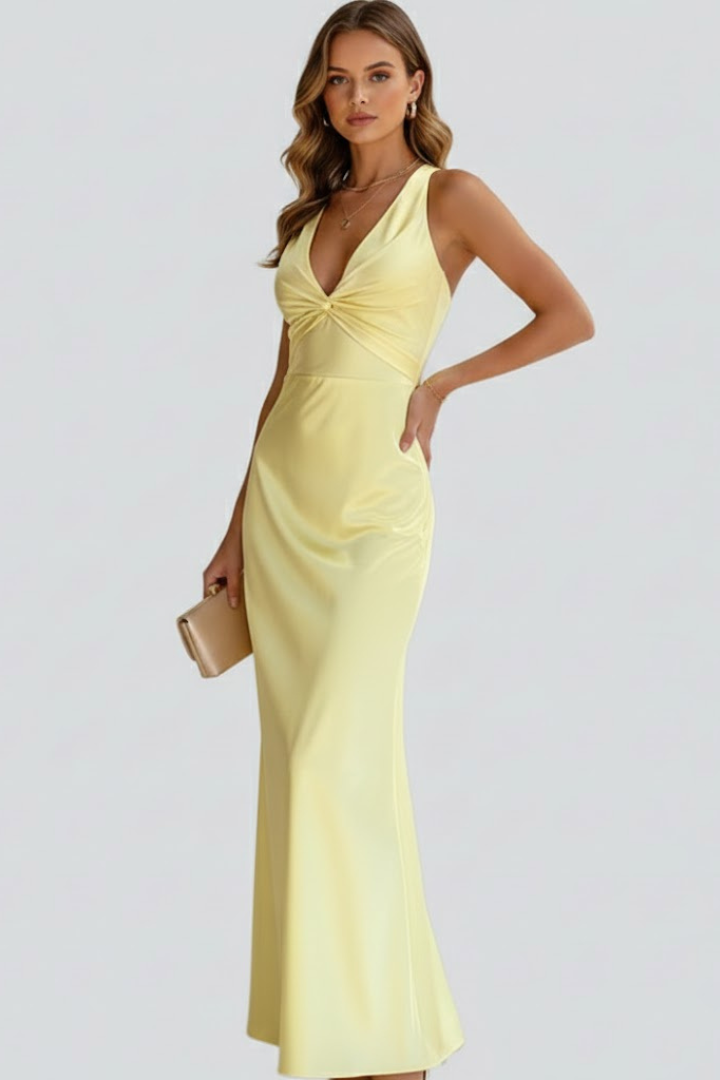 Women's yellow plunge neck evening maxi dress with fitted waist