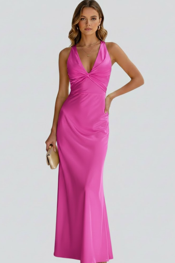 Women's pink plunge neck evening maxi dress with fitted waist