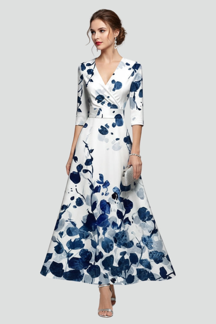 Women's white floral wedding guest maxi dress with deep V-neck