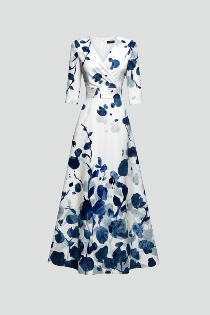Women's white floral wedding guest maxi dress with deep V-neck