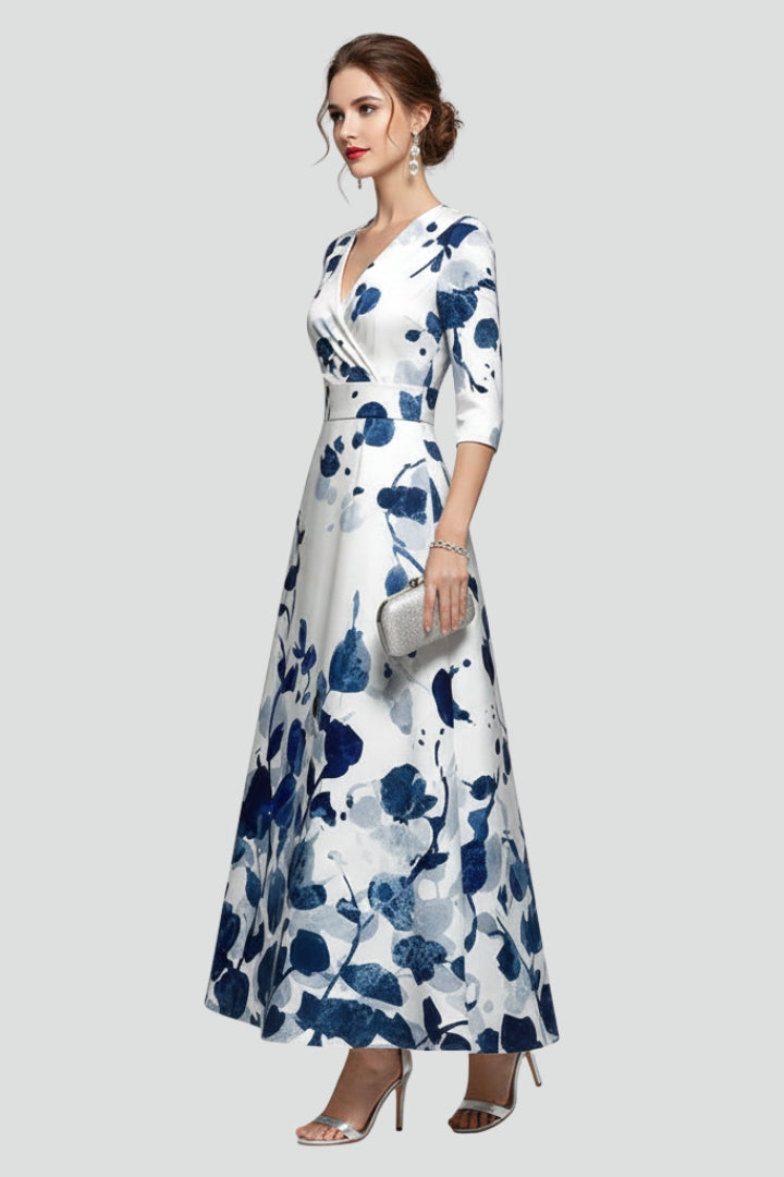 Women's white floral wedding guest maxi dress with deep V-neck