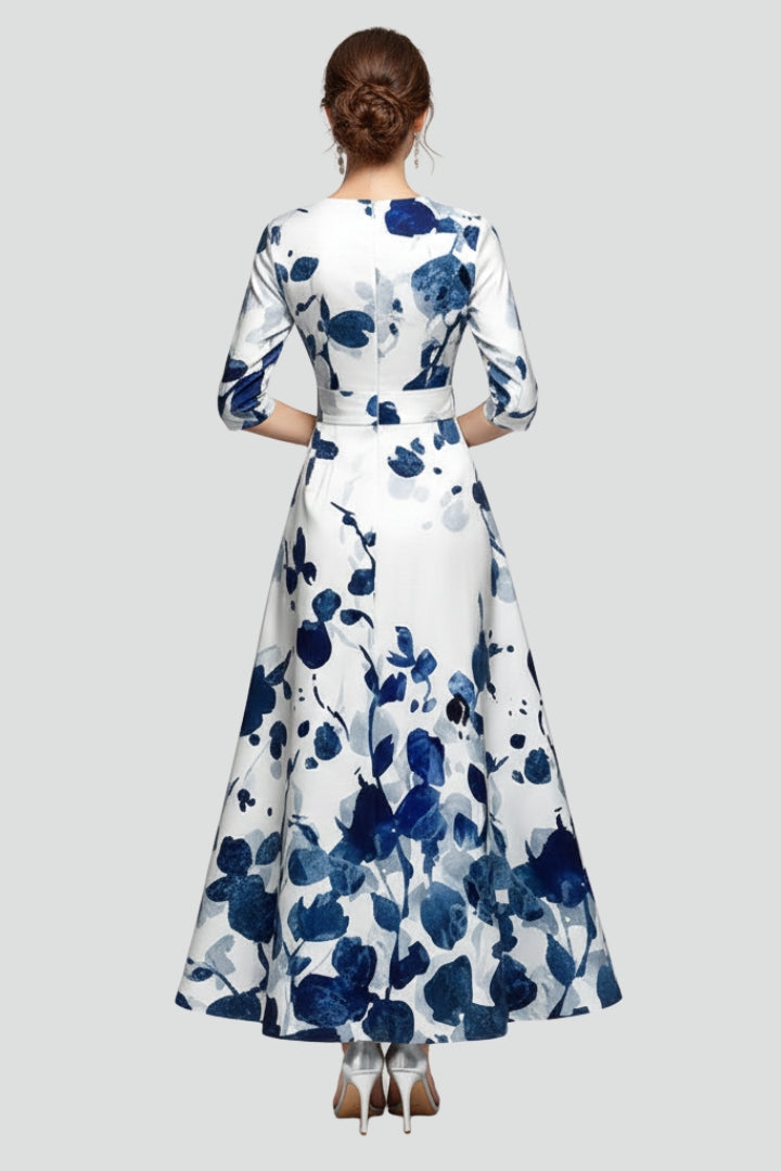 Women's white floral wedding guest maxi dress with deep V-neck