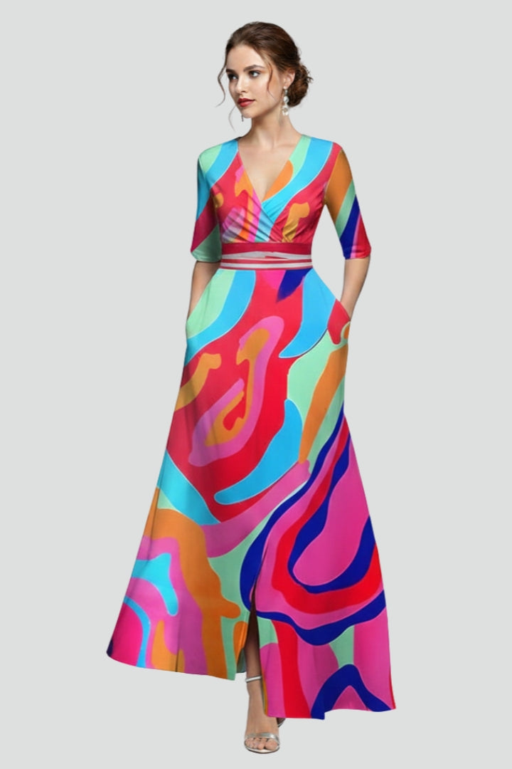 Women's white floral wedding guest maxi dress with deep V-neck