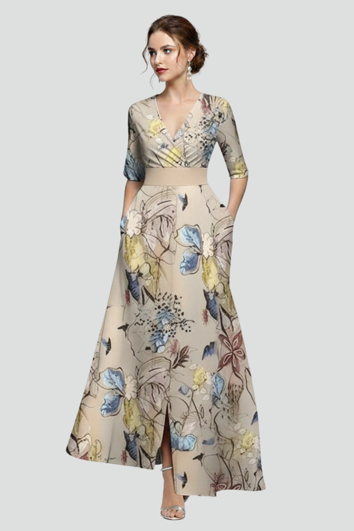 Women's grey floral wedding guest maxi dress with deep V-neck
