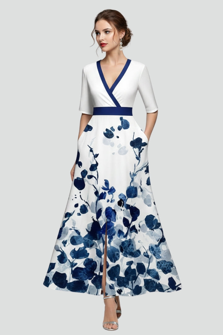 Women's grey floral wedding guest maxi dress with deep V-neck