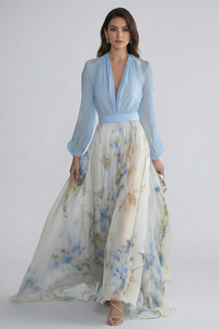 Women's Floaty Maxi Dress with Sheer Sleeves and V-Neckline