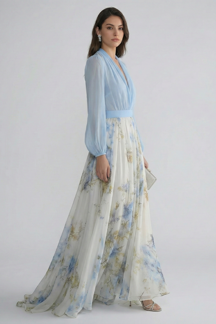 Women's light blue floaty maxi dress with sheer sleeves and V-neckline