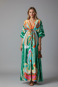 Women's Kaftan-Style Maxi Dress with Batwing Sleeves and Tie Waist