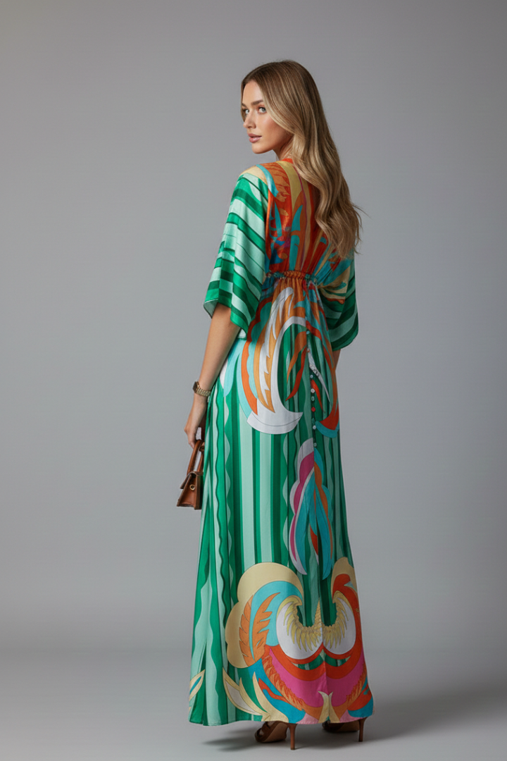 Women's green kaftan-style printed maxi dress with batwing sleeves