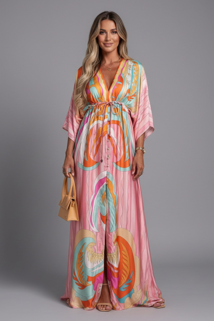 Women's green kaftan-style printed maxi dress with batwing sleeves