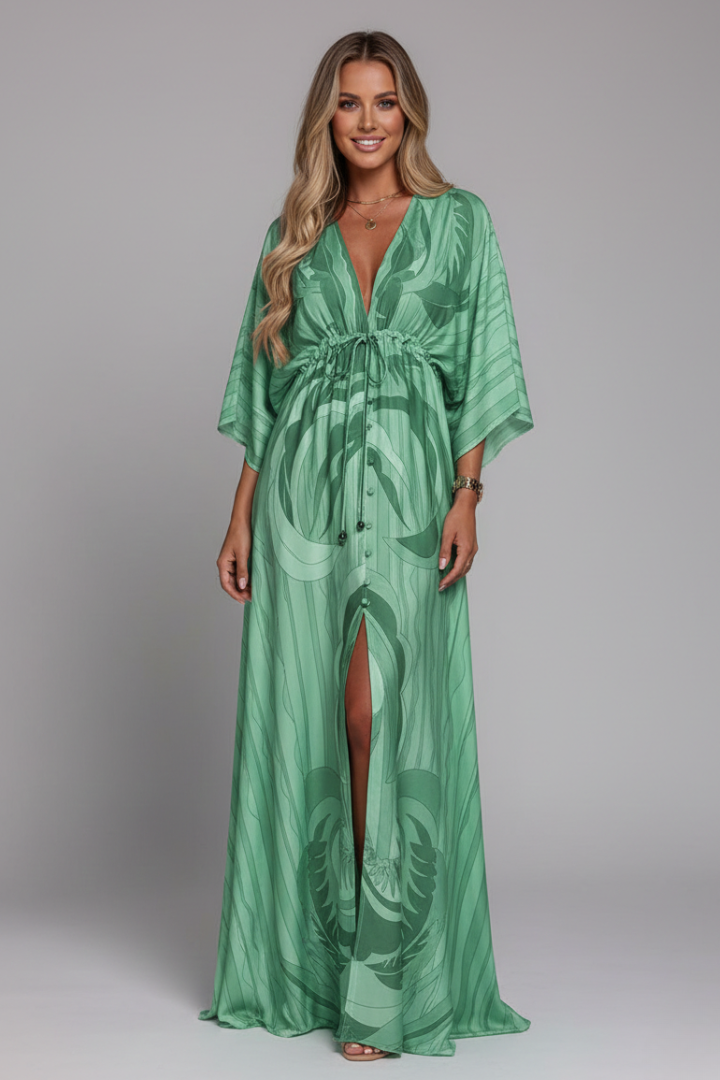Women's pink kaftan-style printed maxi dress with batwing sleeves