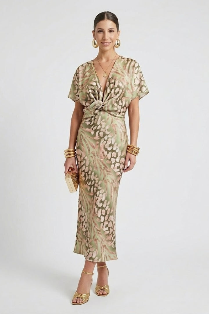 Women's green floral pleated midi dress with V-neck and short sleeves