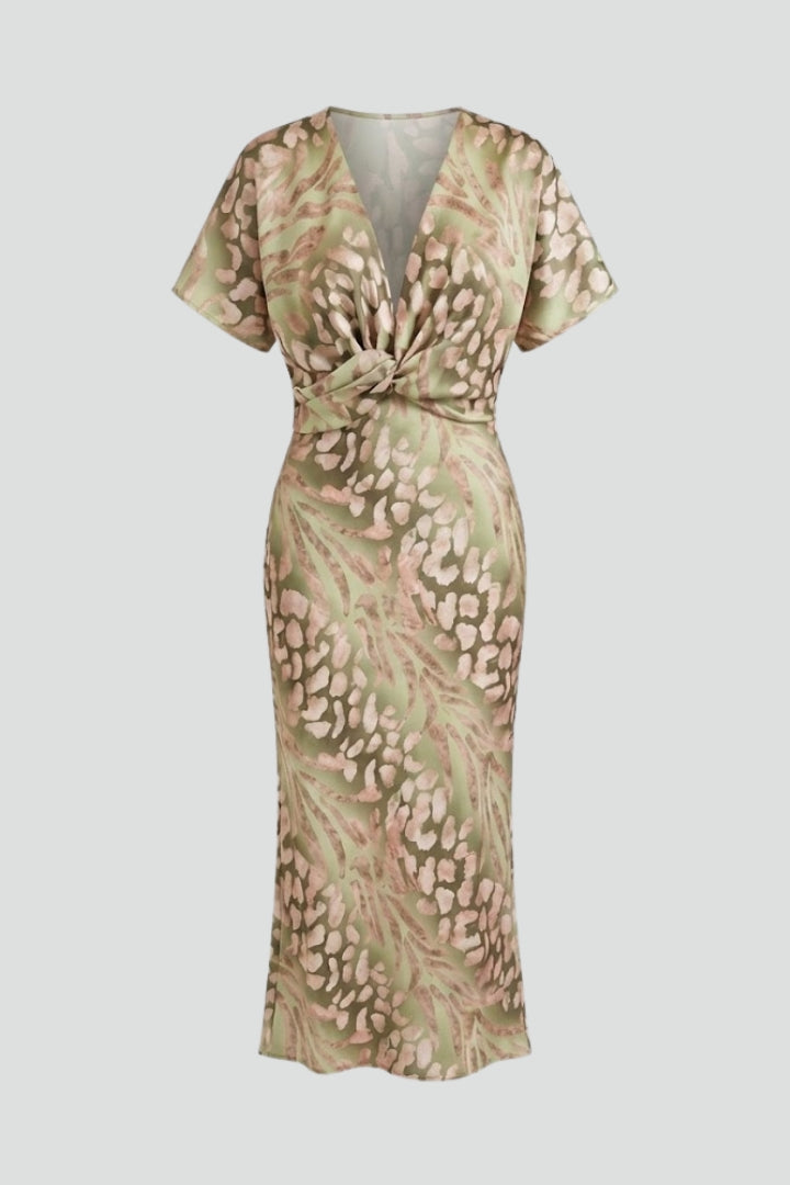 Women's green floral pleated midi dress with V-neck and short sleeves