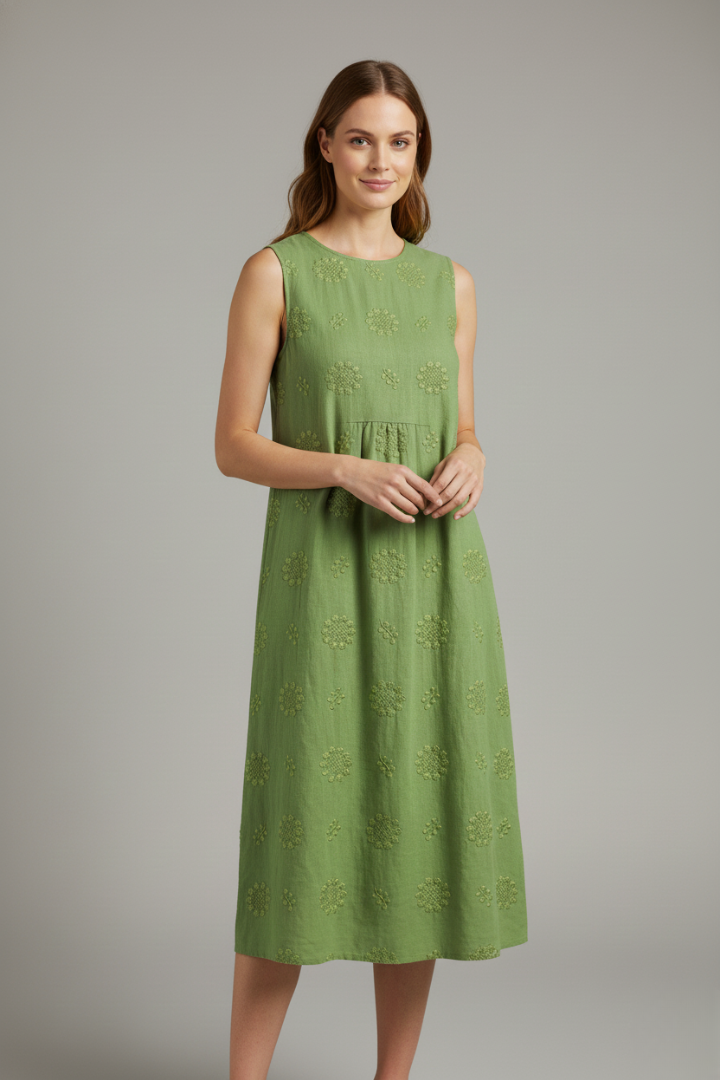 Women's green sleeveless textured midi dress with pockets