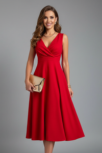 Women's Strappy A-Line Midi Dress with V-Neck and Concealed Zip
