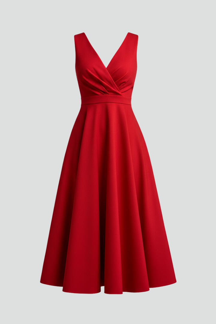 Women's red strappy A-line midi dress with V-neck