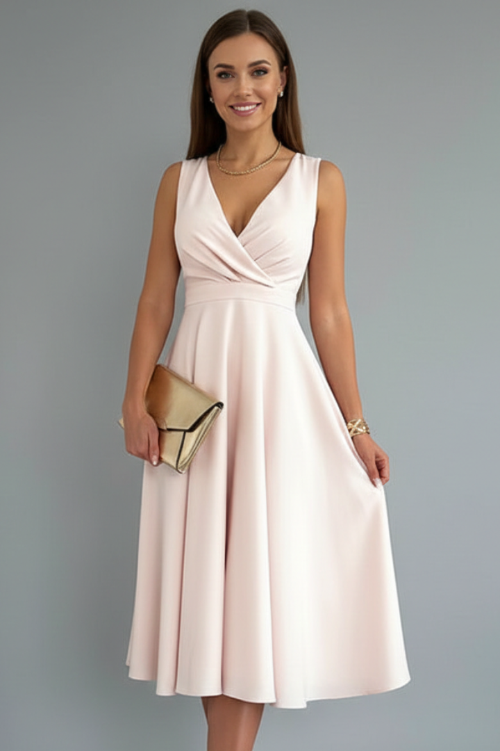 Women's red strappy A-line midi dress with V-neck