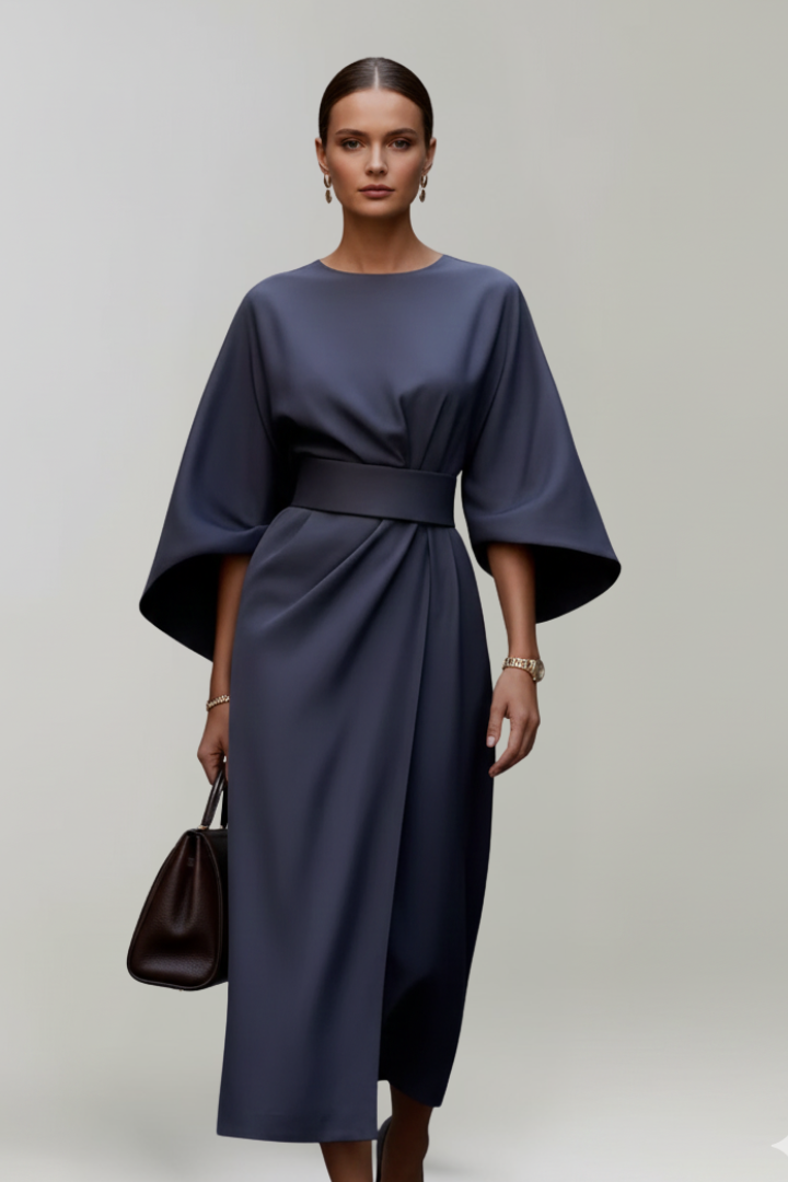 Women’s Midi Dress with Wide Sleeves and Belted Waist 0