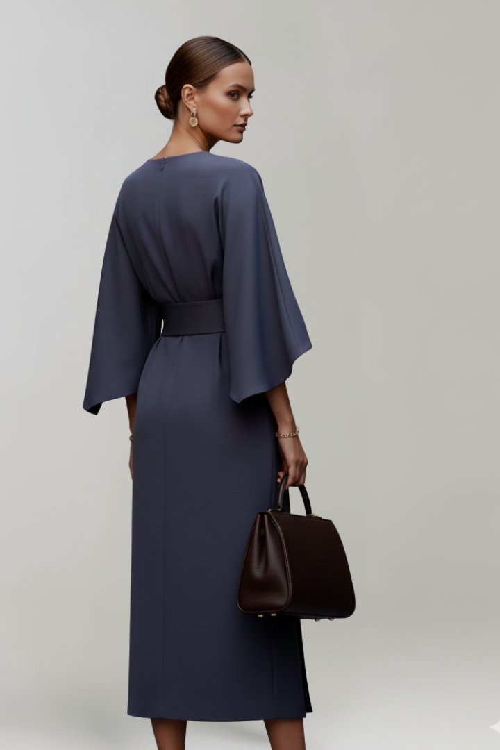 Women's blue belted midi dress with wide sleeves and round neck
