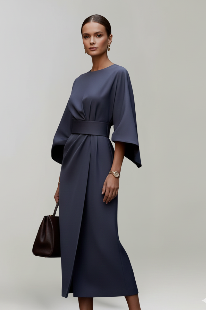 Women’s Midi Dress with Wide Sleeves and Belted Waist 8