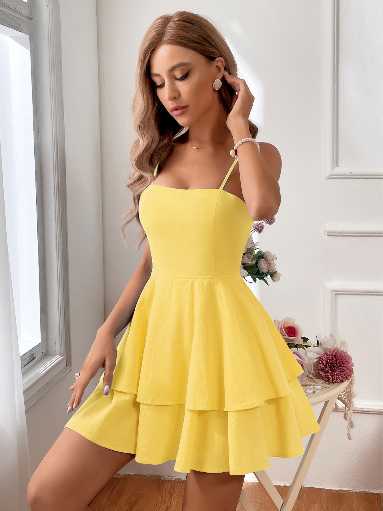 Women's light blue tiered ruffle mini dress with square neck