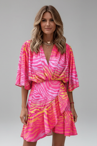Women's Batwing Sleeve Mini Dress with Self-Tie Waist