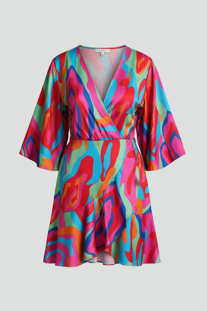 Women's multicoloured batwing sleeve mini dress with self-tie waist