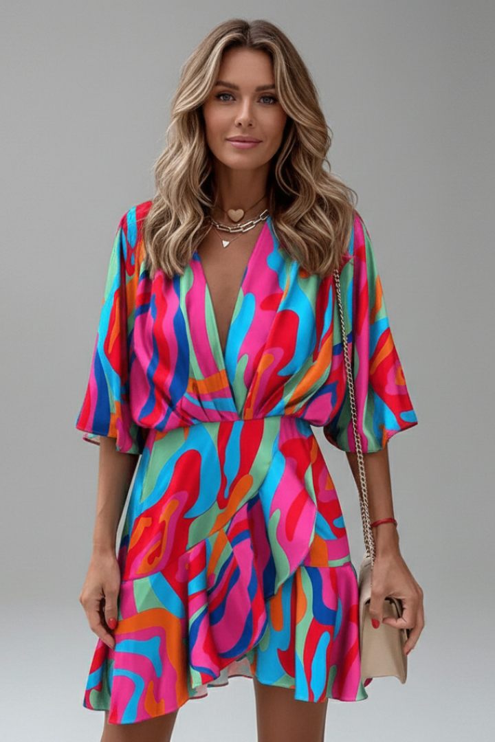 Women's black batwing sleeve mini dress with self-tie waist