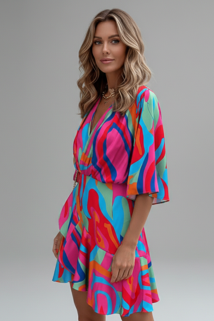 Women's orange batwing sleeve mini dress with self-tie waist