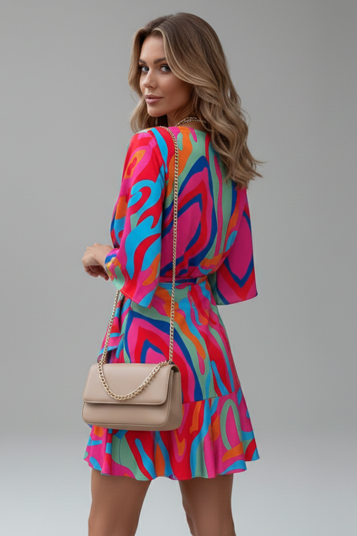 Women's multicoloured batwing sleeve mini dress with self-tie waist