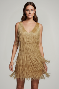 Women's Tassel Fringe Mini Party Dress with V-Neckline