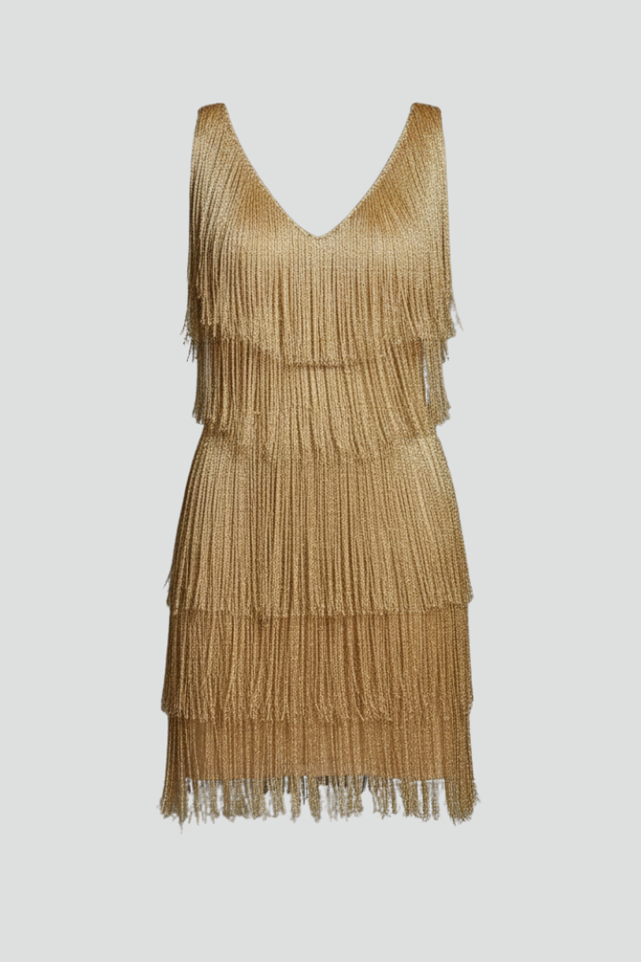 Women's gold tassel fringe mini party dress with V-neckline