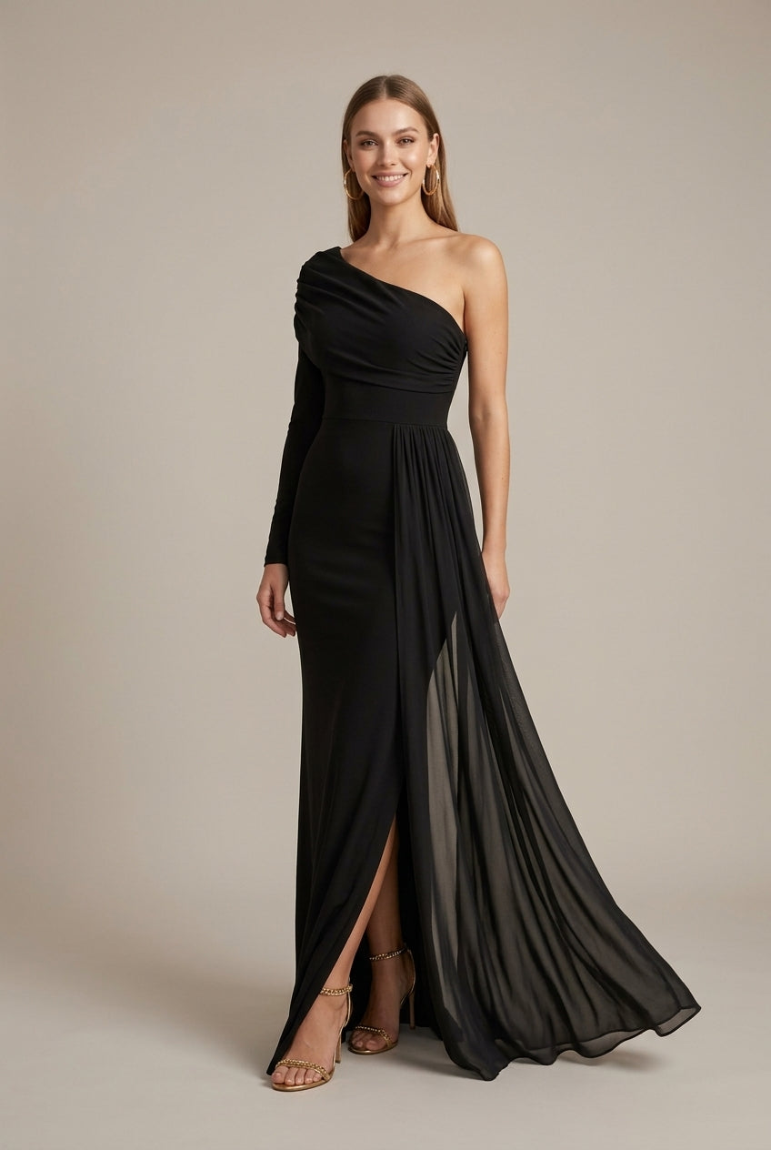 Women's black off shoulder fishtail maxi evening dress with long sleeves