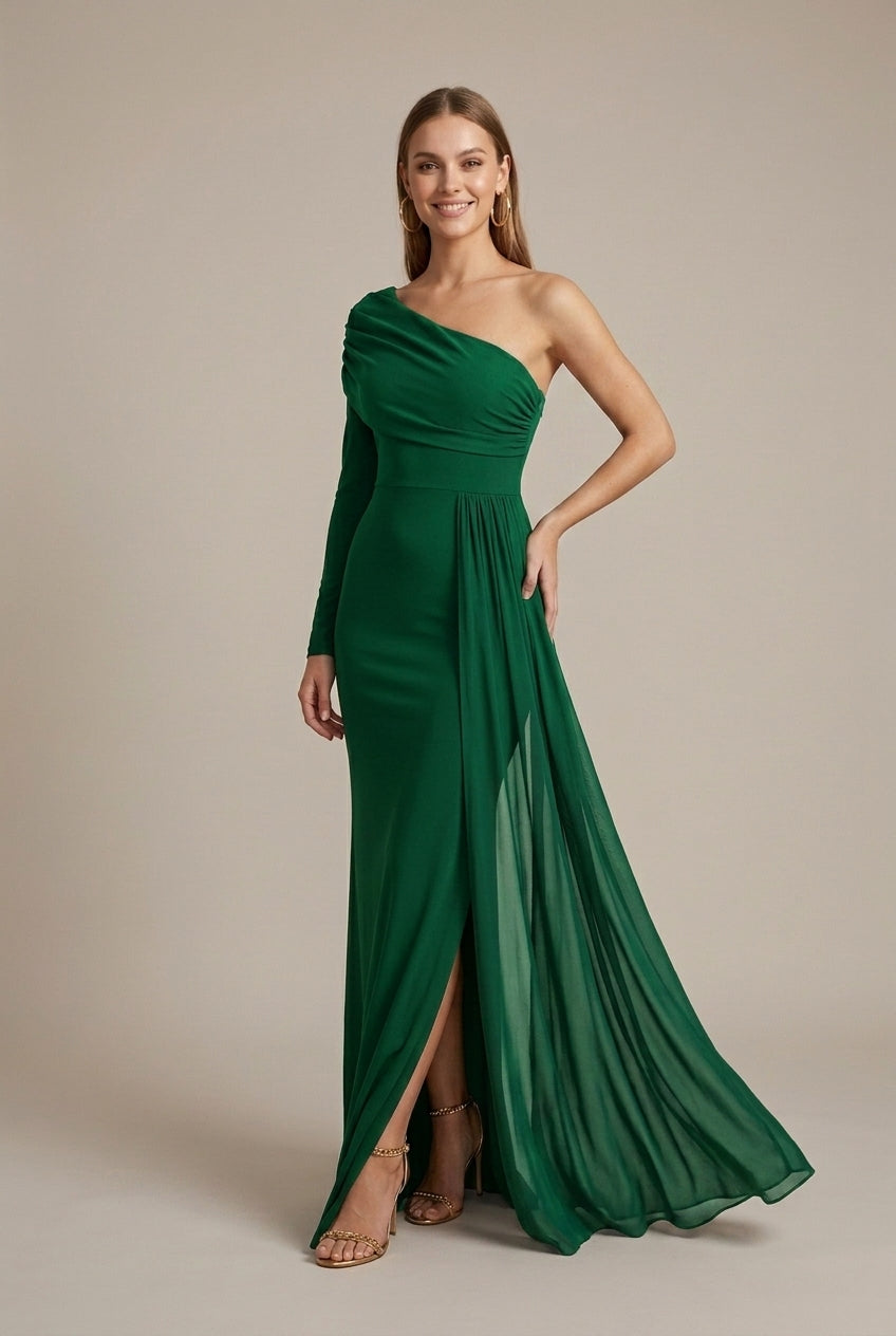 Women's green off shoulder fishtail maxi evening dress with long sleeves
