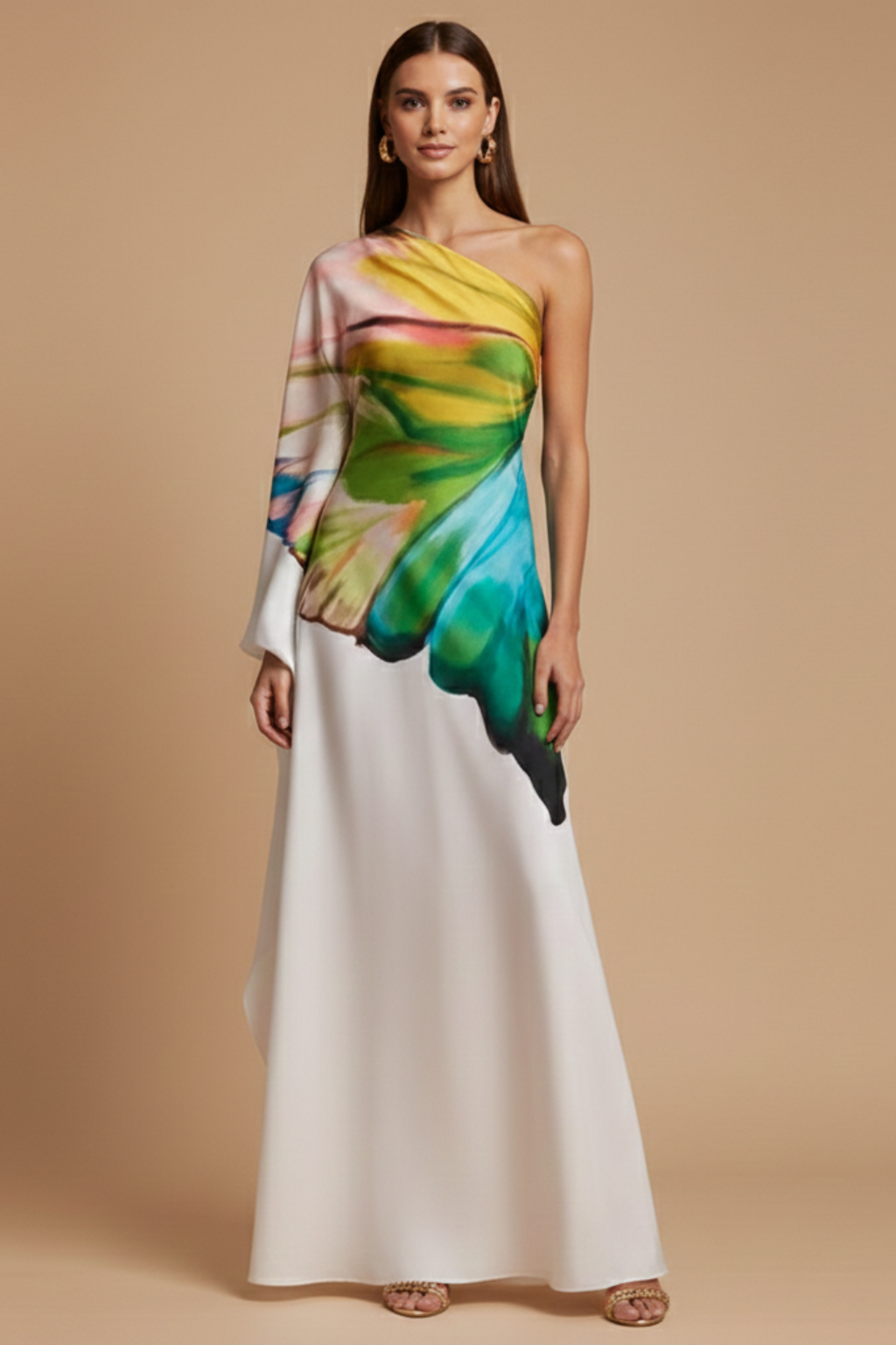 Women's white abstract print one shoulder maxi dress with long sleeve