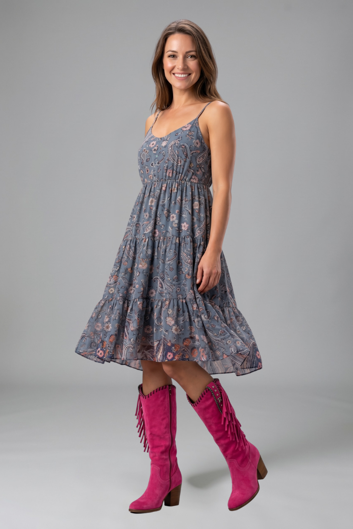 Women's pink western boots with fringe trim and studded block heel detailing