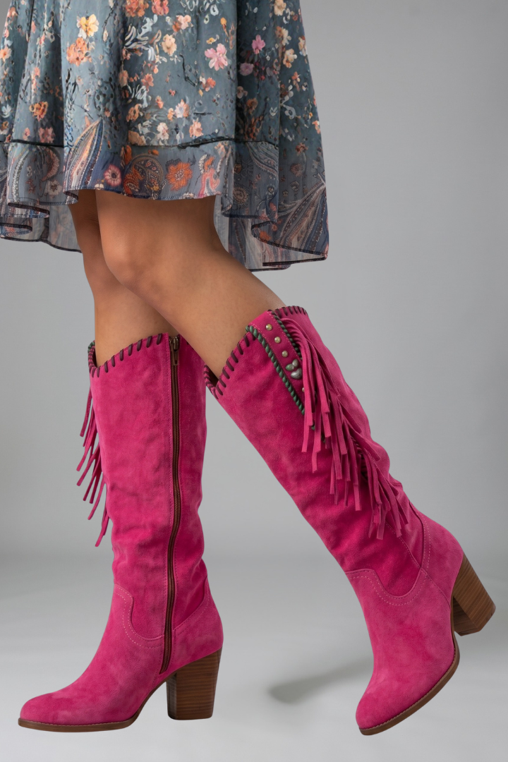 Women's pink western boots with fringe trim and studded block heel detailing