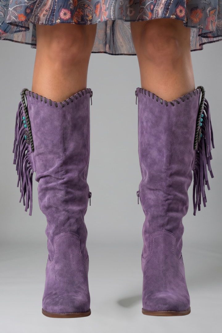 Women's pink western boots with fringe trim and studded block heel detailing