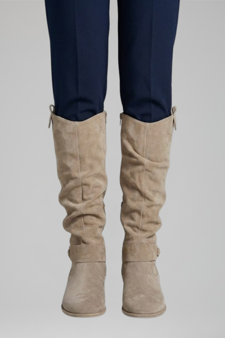 Women's beige knee-high boots with side zip closure and faux suede finish