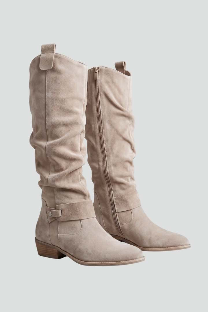 Women's beige knee-high boots with side zip closure and faux suede finish