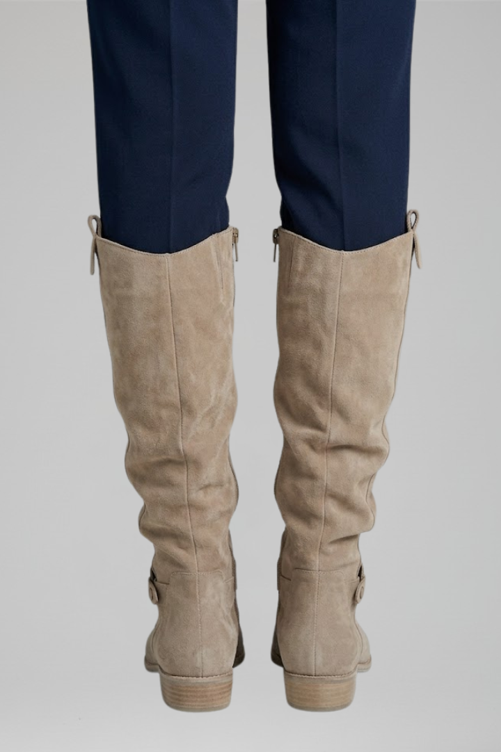 Women's beige knee-high boots with side zip closure and faux suede finish
